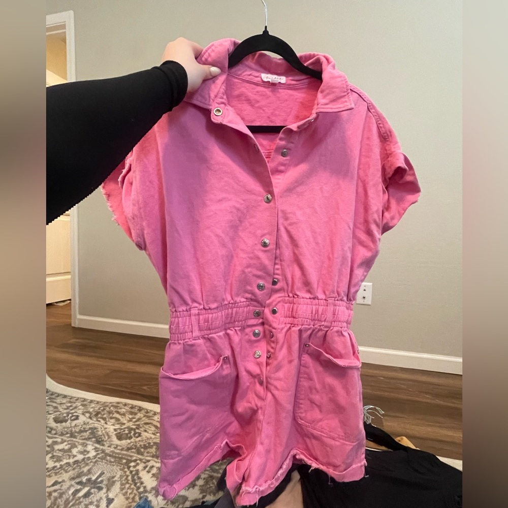 Pink denim romper